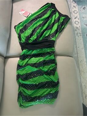 Sleeveless Green and Black Stripe Sequin Cocktail Dress
